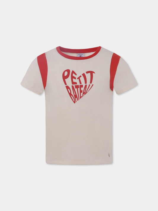 T-shirt avorio per bambina con logo,Petit Bateau,A09T2 02
