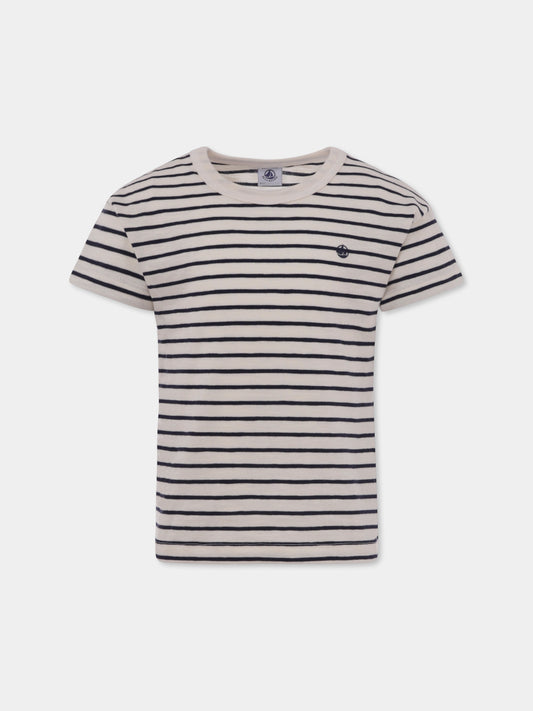T-shirt avorio per bambini con logo,Petit Bateau,A0A22 01