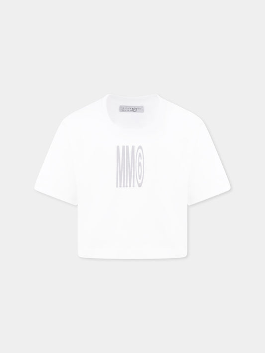 T-shirt crop bianca per bambina con logo,Mm6 Maison Margiela,M60806 MM04I M6100
