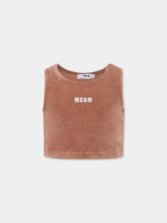 Top crop marrone per bambina con logo,Msgm Kids,S4MSJGTH164 090