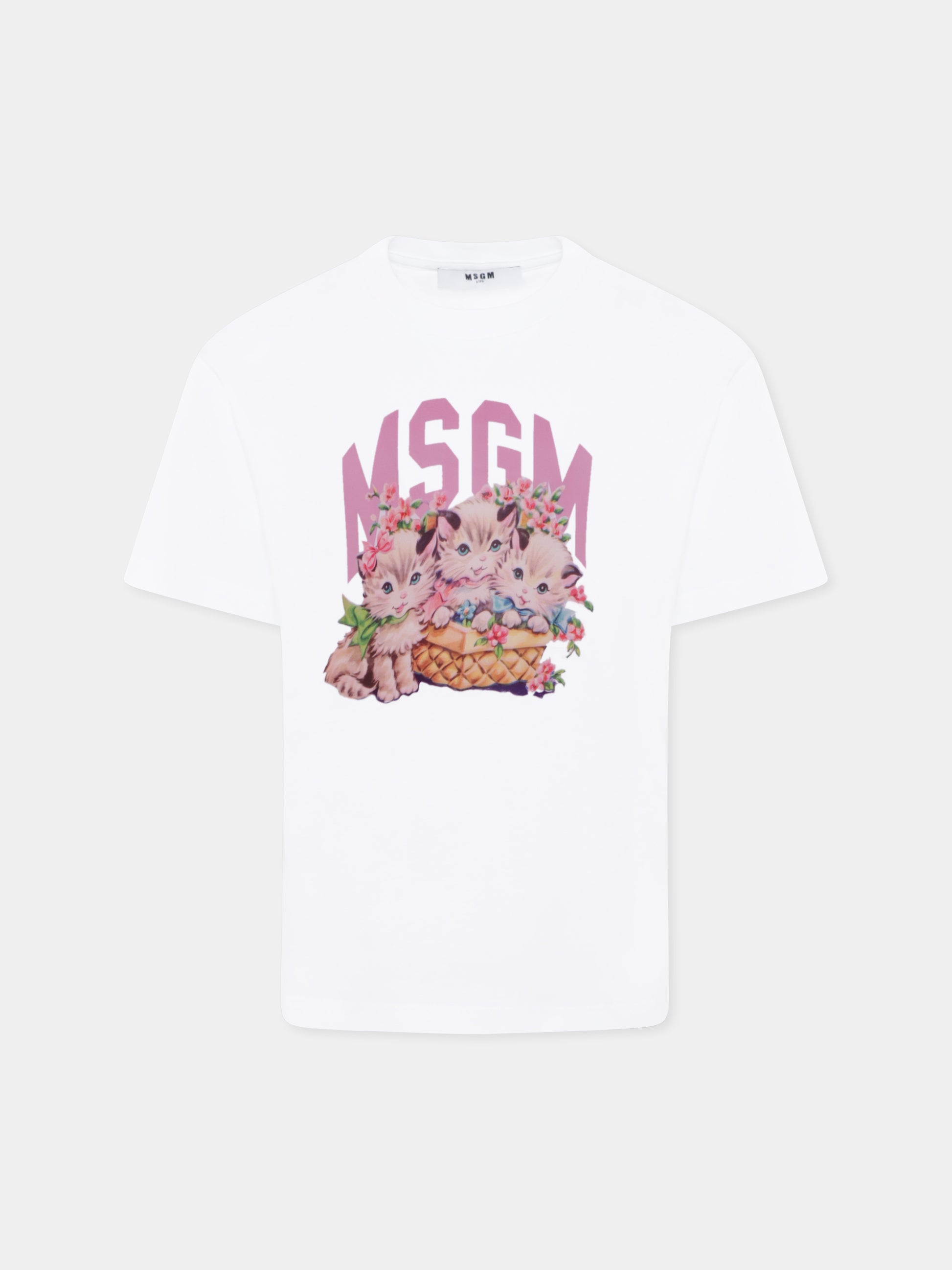 T-shirt bianca per bambina con stampa gatti e  logo,Msgm Kids,S5MSJGTH109 001