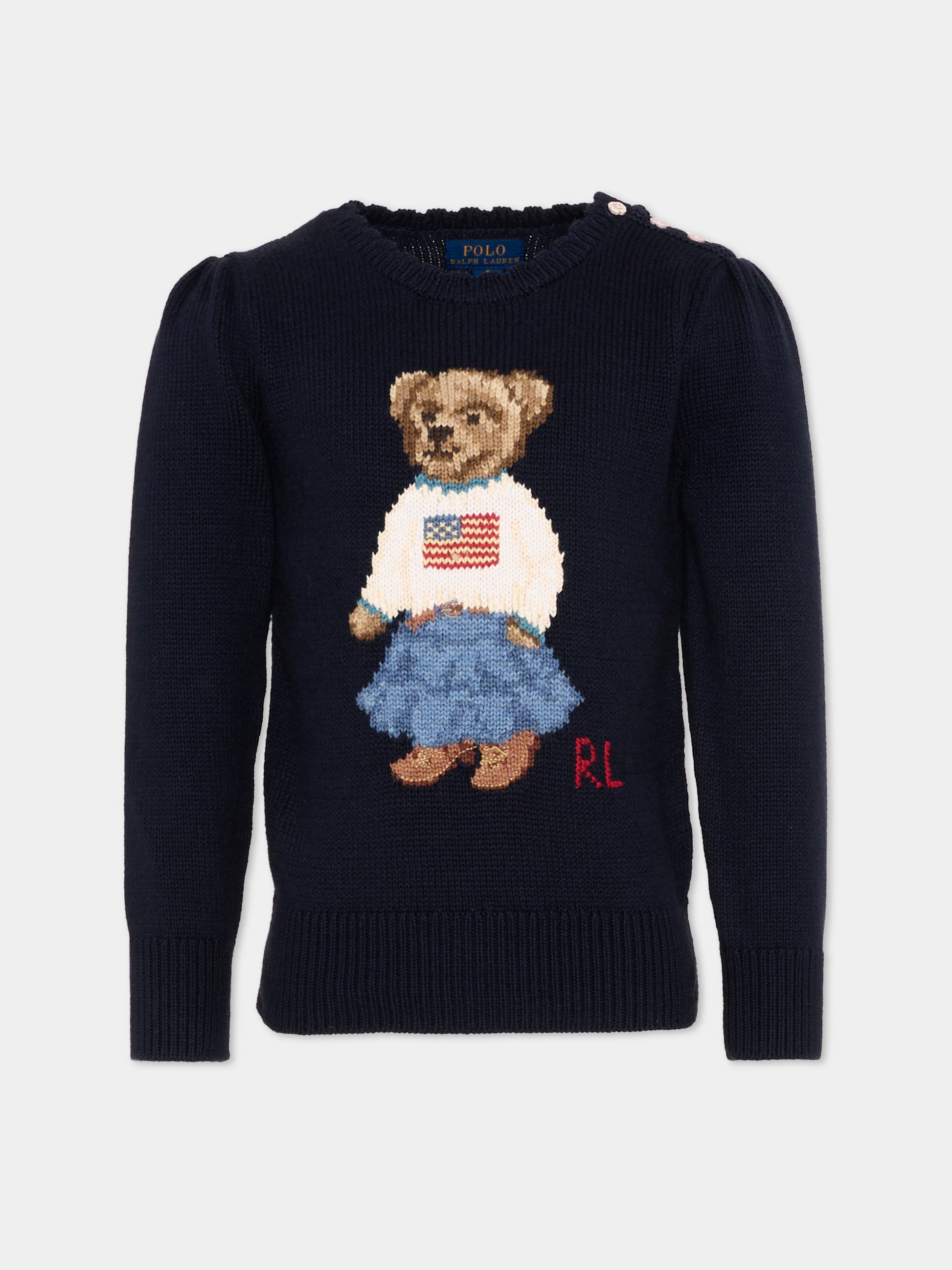 Maglione blu per bambina con Polo Bear,Ralph Lauren Kids,702268001