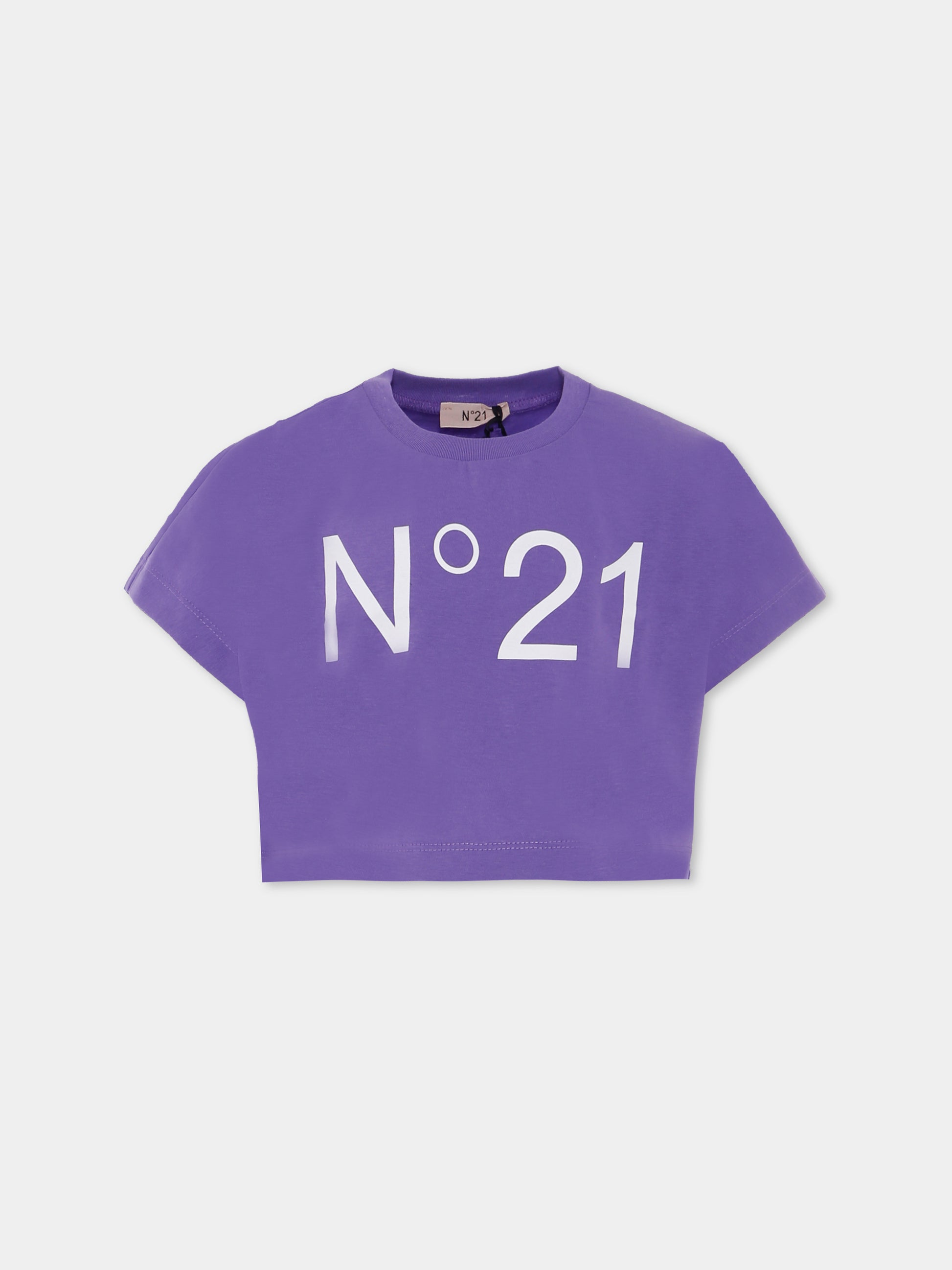 T-shirt crop viola per bambina con logo,N°21 Kids,N21558 N0153 0N602