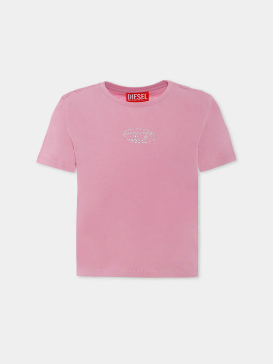 T-shirt crop rosa per bambina con logo,Diesel,J01953 KYAUN K325