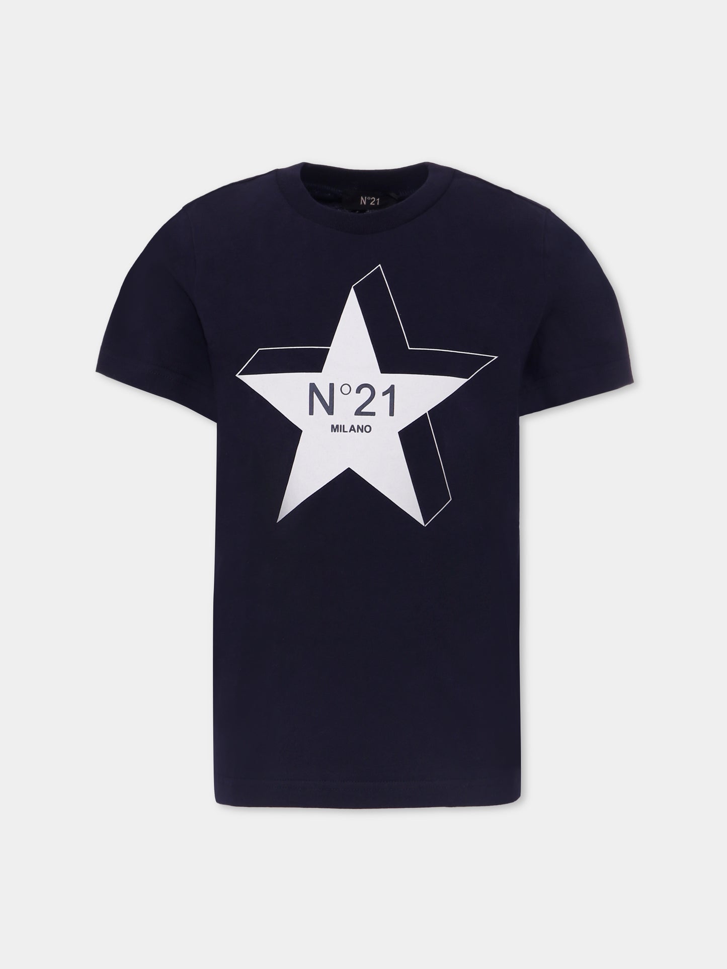 T-shirt blu per bambino con stella e logo,N°21 Kids,N21952 N0199 0N821