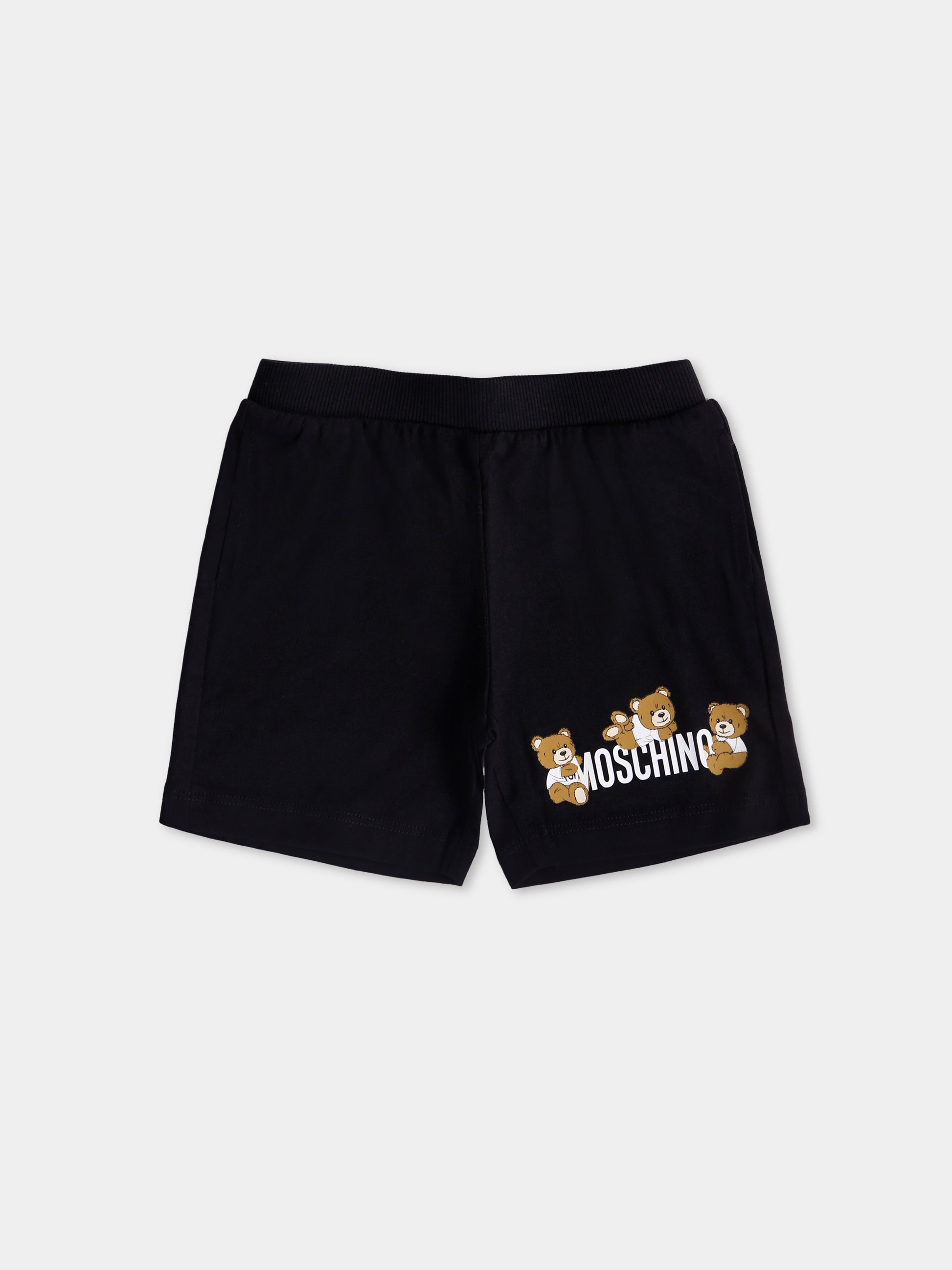 Shorts neri per neonato con tre Teddy Bears,Moschino Kids,MUQ01H LAA03 60100