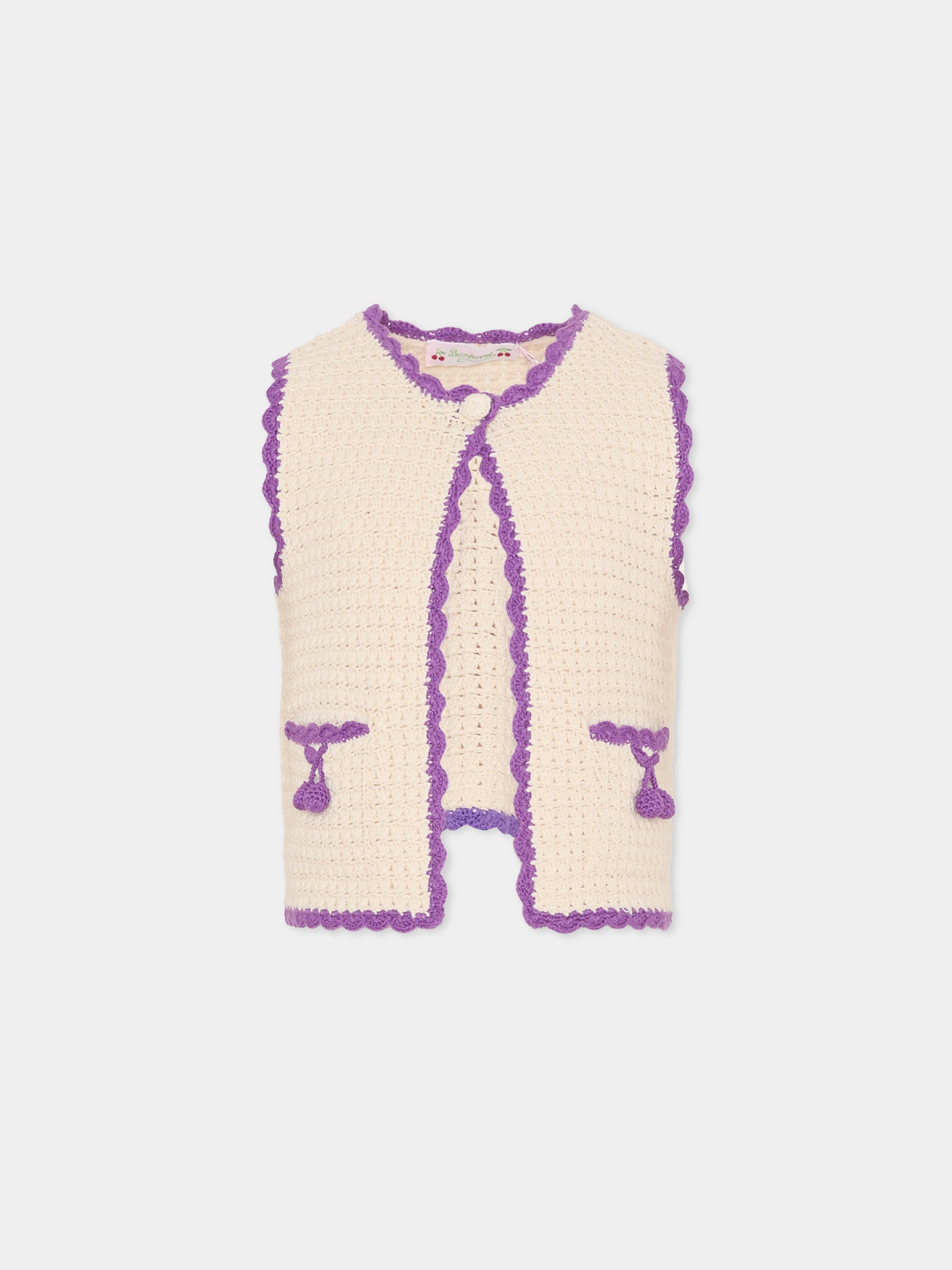 Maglia gilet beige per bambina con ciliegie,Bonpoint,C06GCAK00005 003