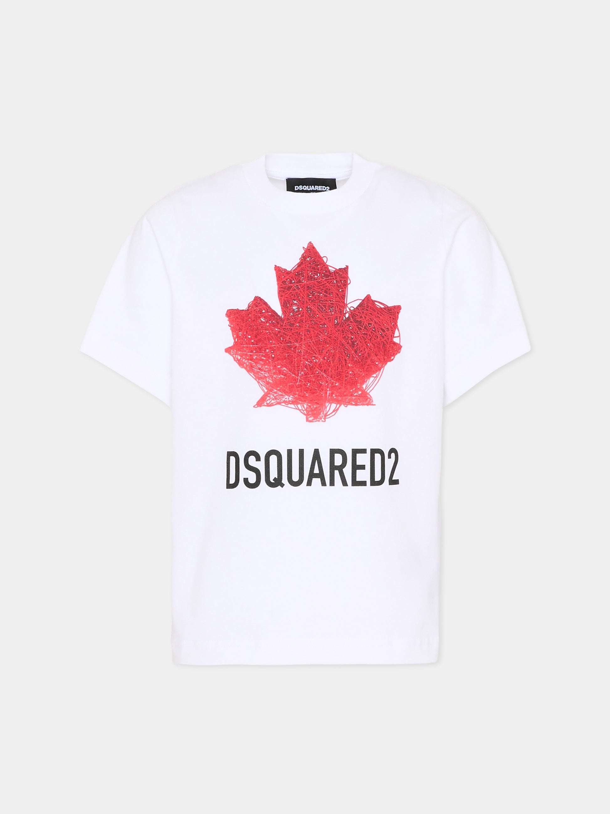 T-shirt bianca per bambino con logo e foglia d'acero,Dsquared2,DQ3176 D00XM DQ100