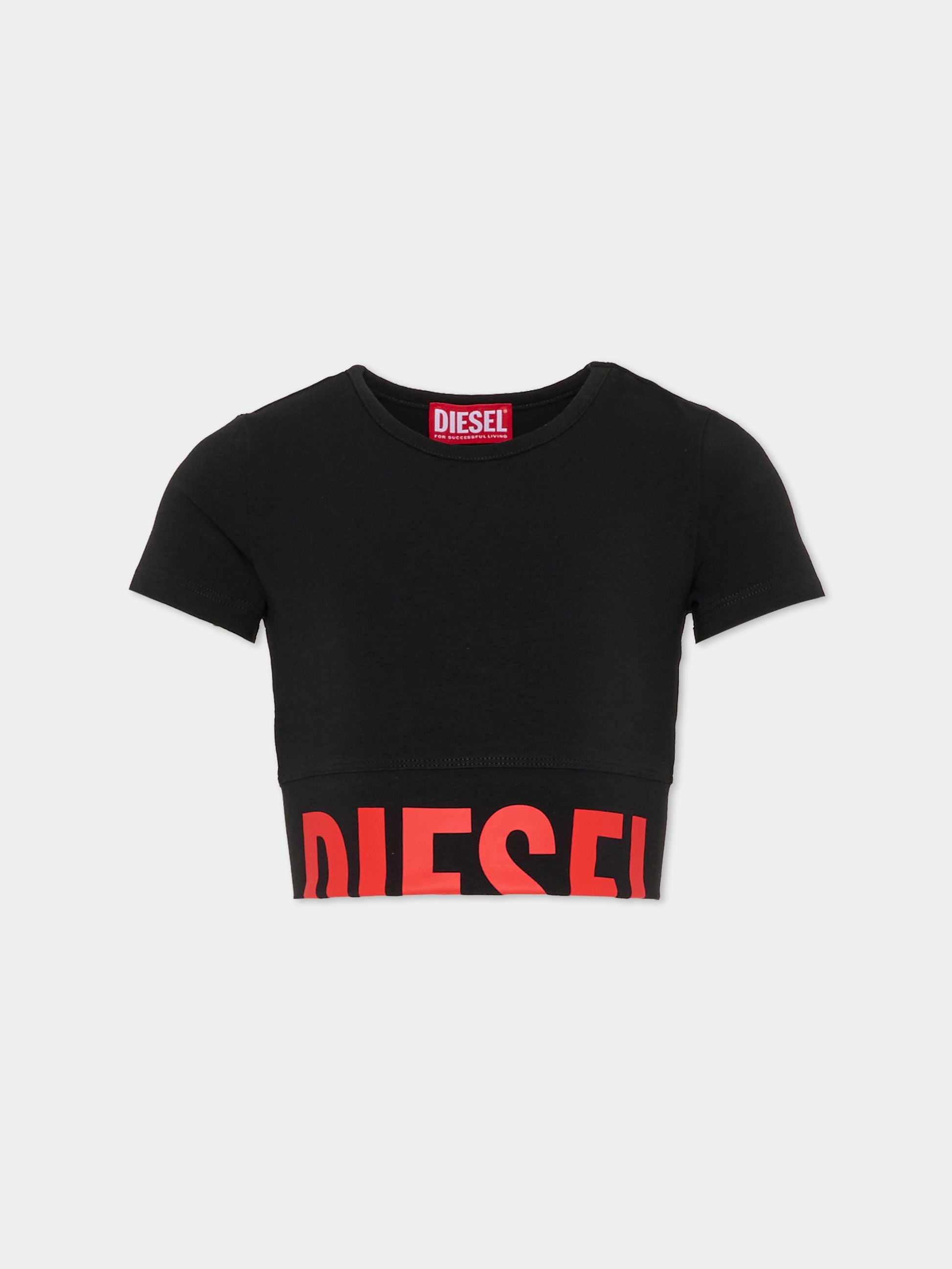 T-shirt crop nera per bambina con logo,Diesel,J02581 KYA0L K900