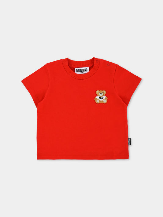 T-shirt rossa per neonati con patch Teddy Bear,Moschino Kids,MUM045 LAA24 50109