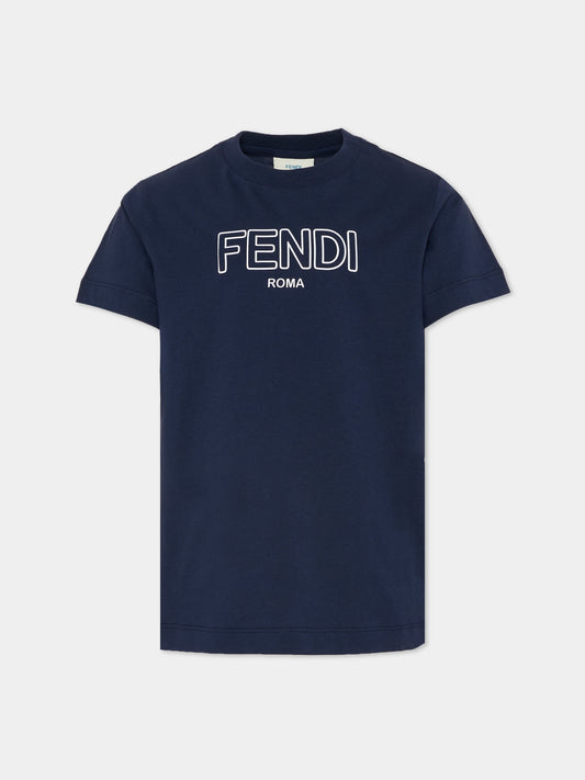 T-shirt blu per bambini con logo,Fendi Kids,JUI202 7AJ F0QG0