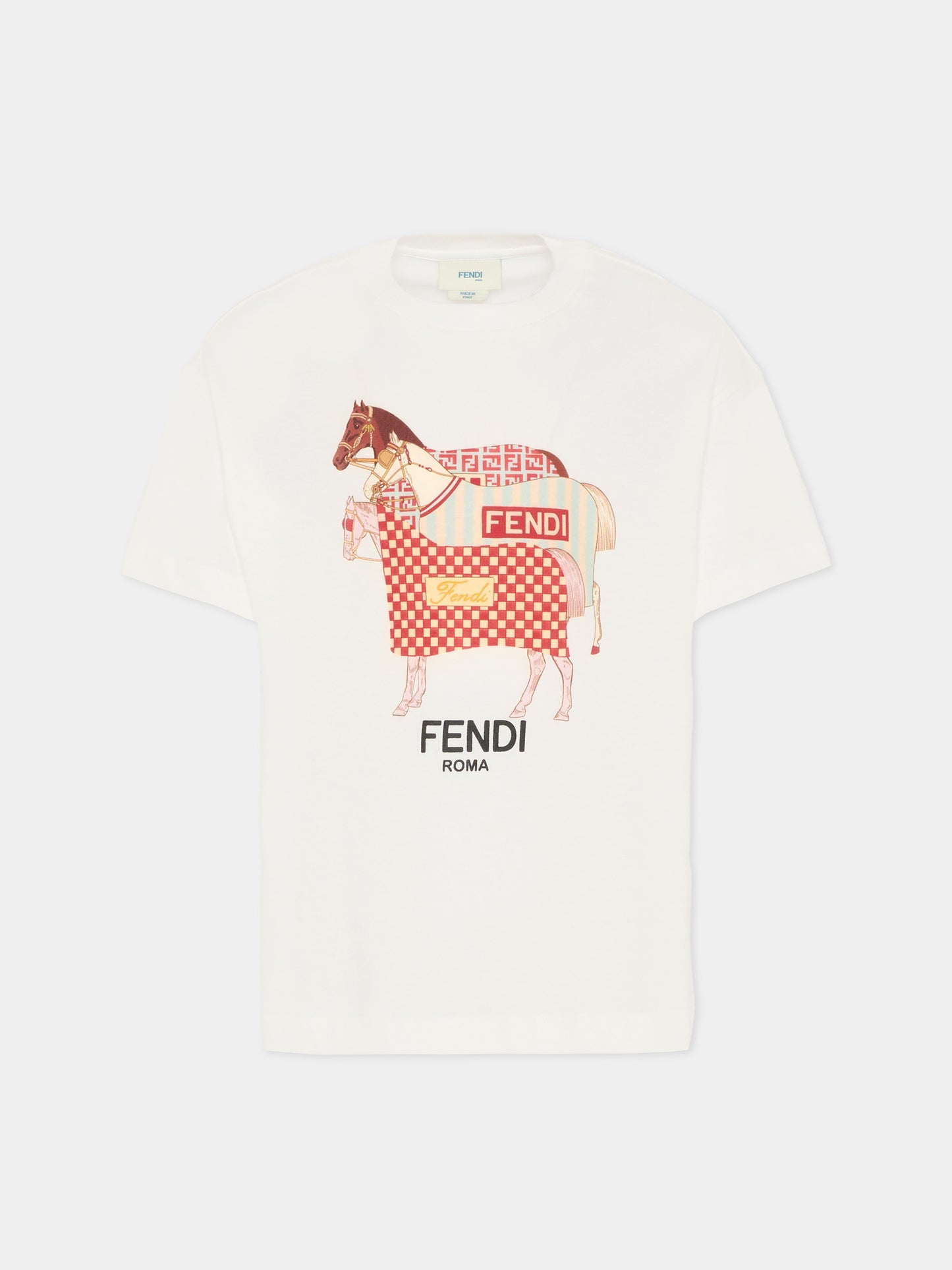 T-shirt avorio per bambino con stampa equestre,Fendi Kids,JMI498 7AJ F0TU9