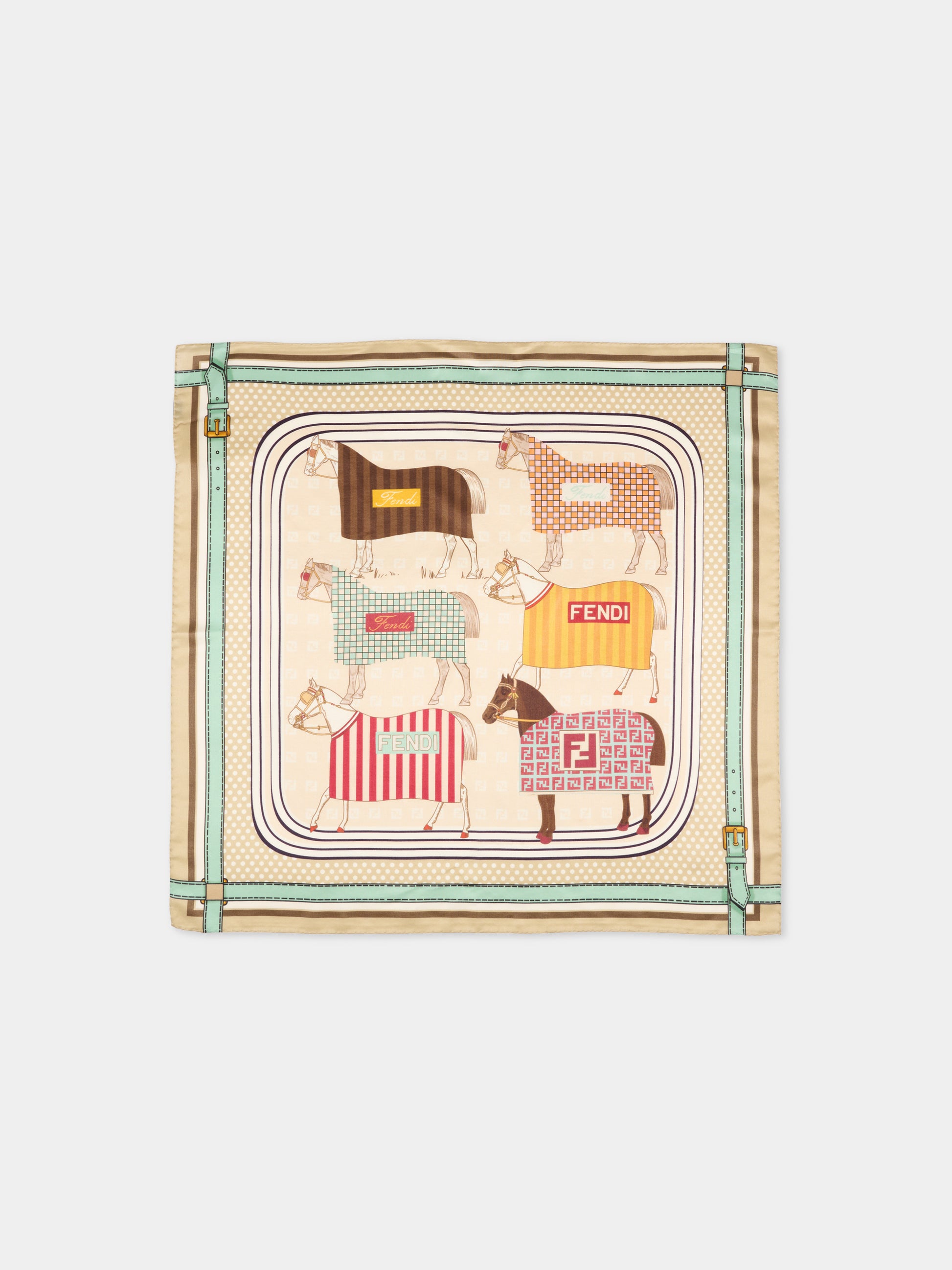 Foulard beige per bambina con stampa equestre,Fendi Kids,JFQ044 AWF8 F1VHJ