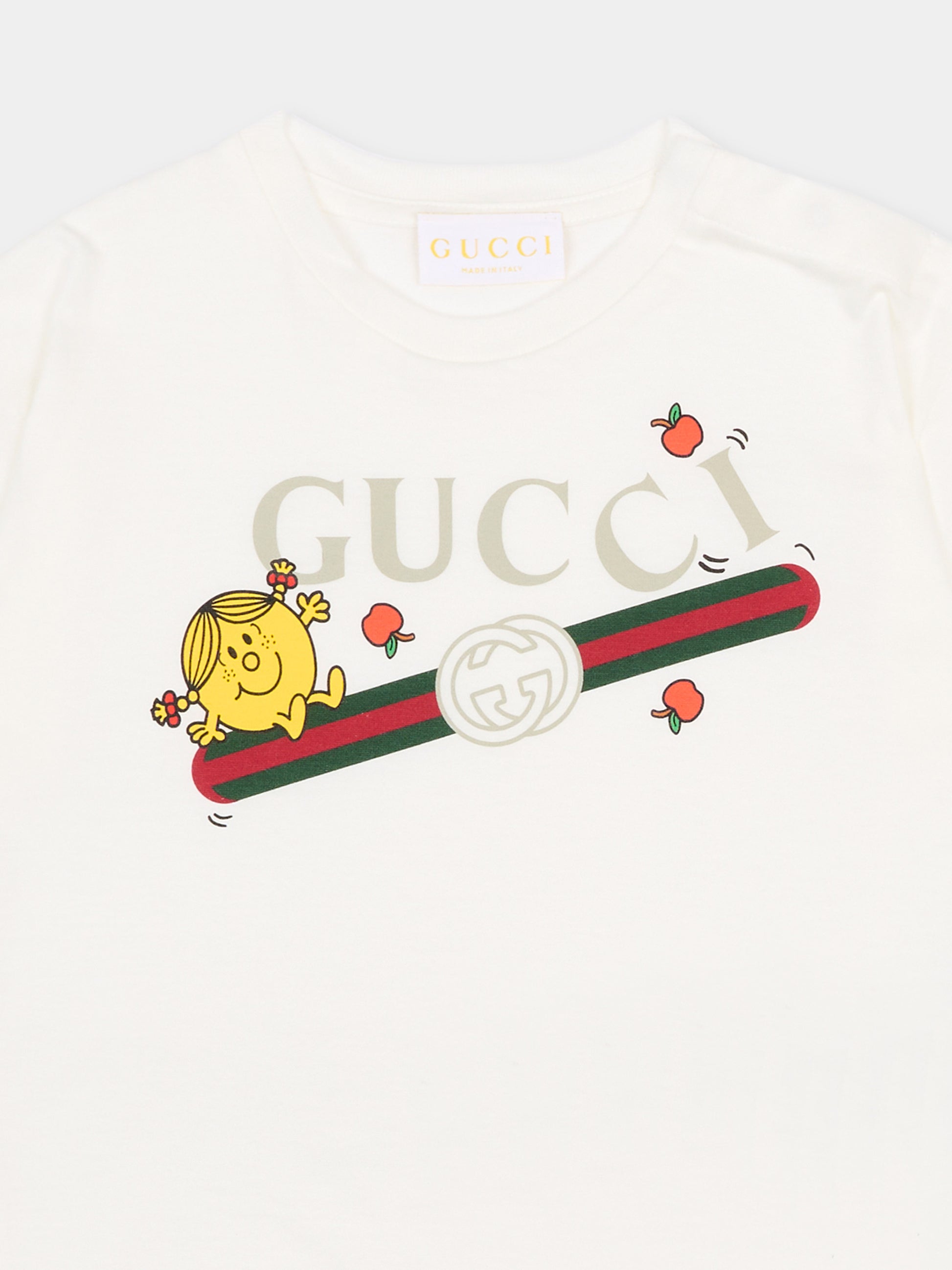 T-shirt bianca per neonata con logo e Mr Happy,Gucci Kids,851411 XJHRN 9214