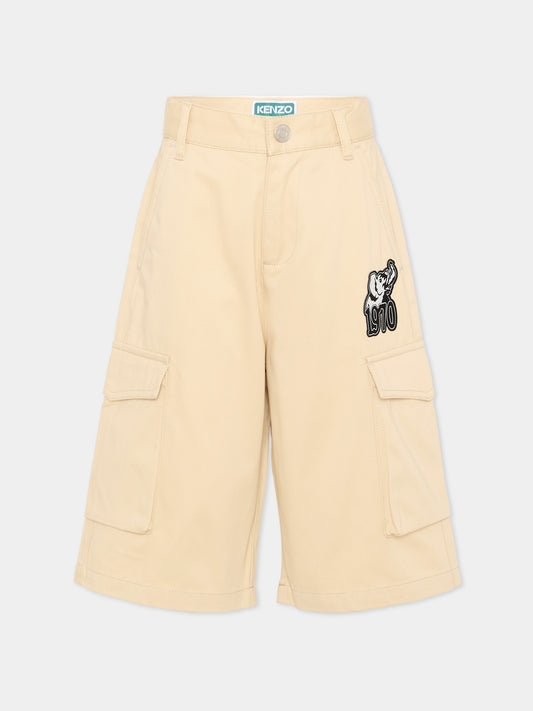 Shorts beige per bambino con patch elefante,Kenzo Kids,K61644 255