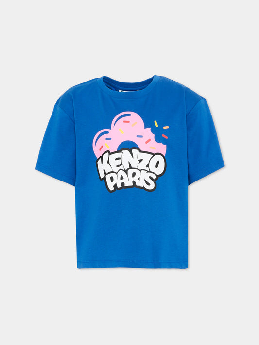 T-Shirt blu per bambina con logo donut,Kenzo Kids,K61766 871