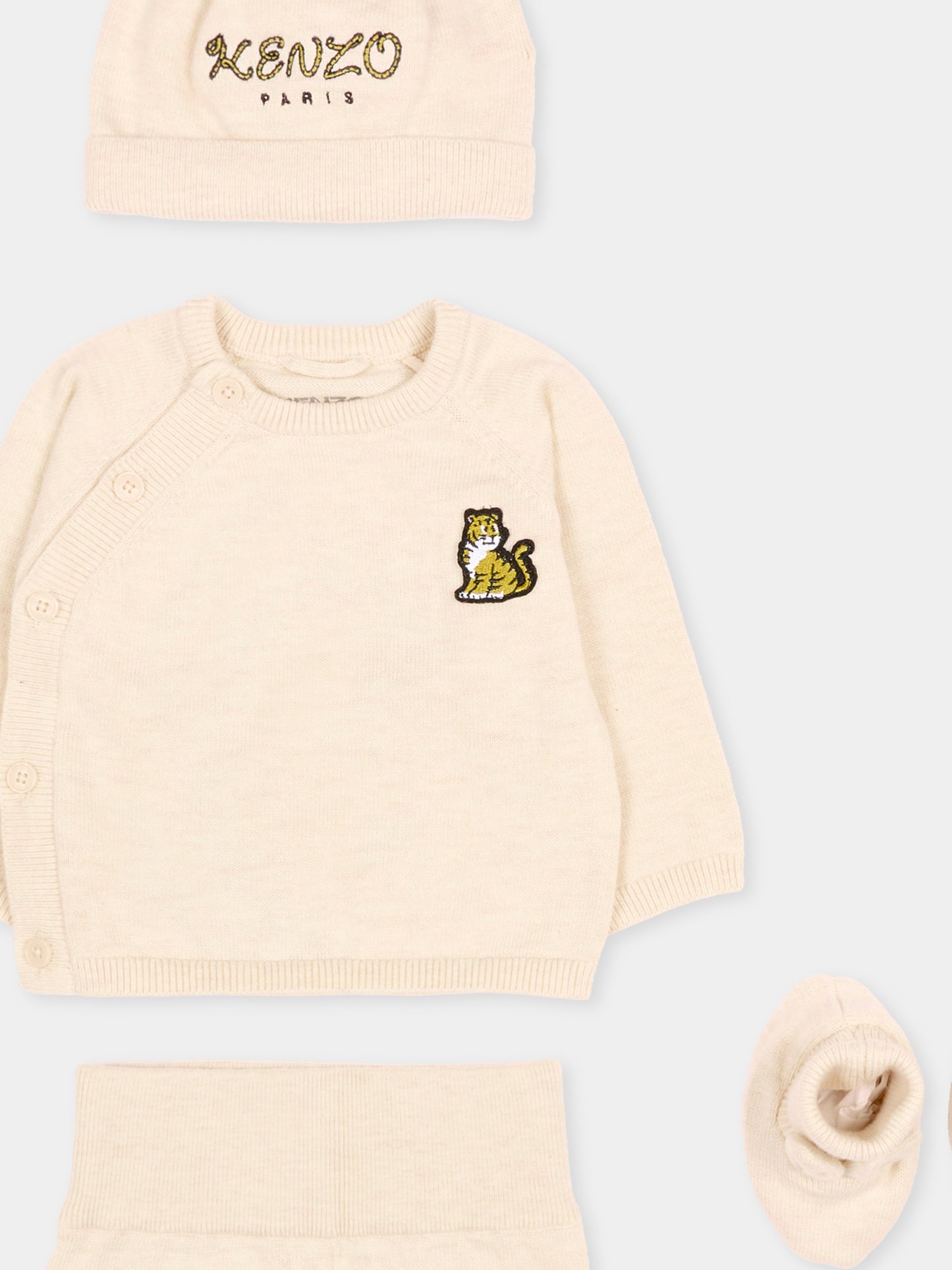 Completo nascita beige per neonati con ricamo tigre,Kenzo Kids,K61855 C17