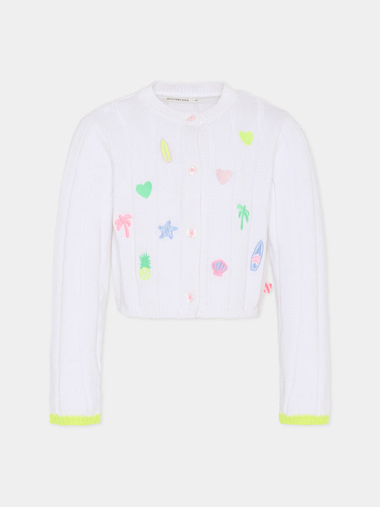 Cardigan bianco per bambina con ricami,Billieblush,U21912 10P
