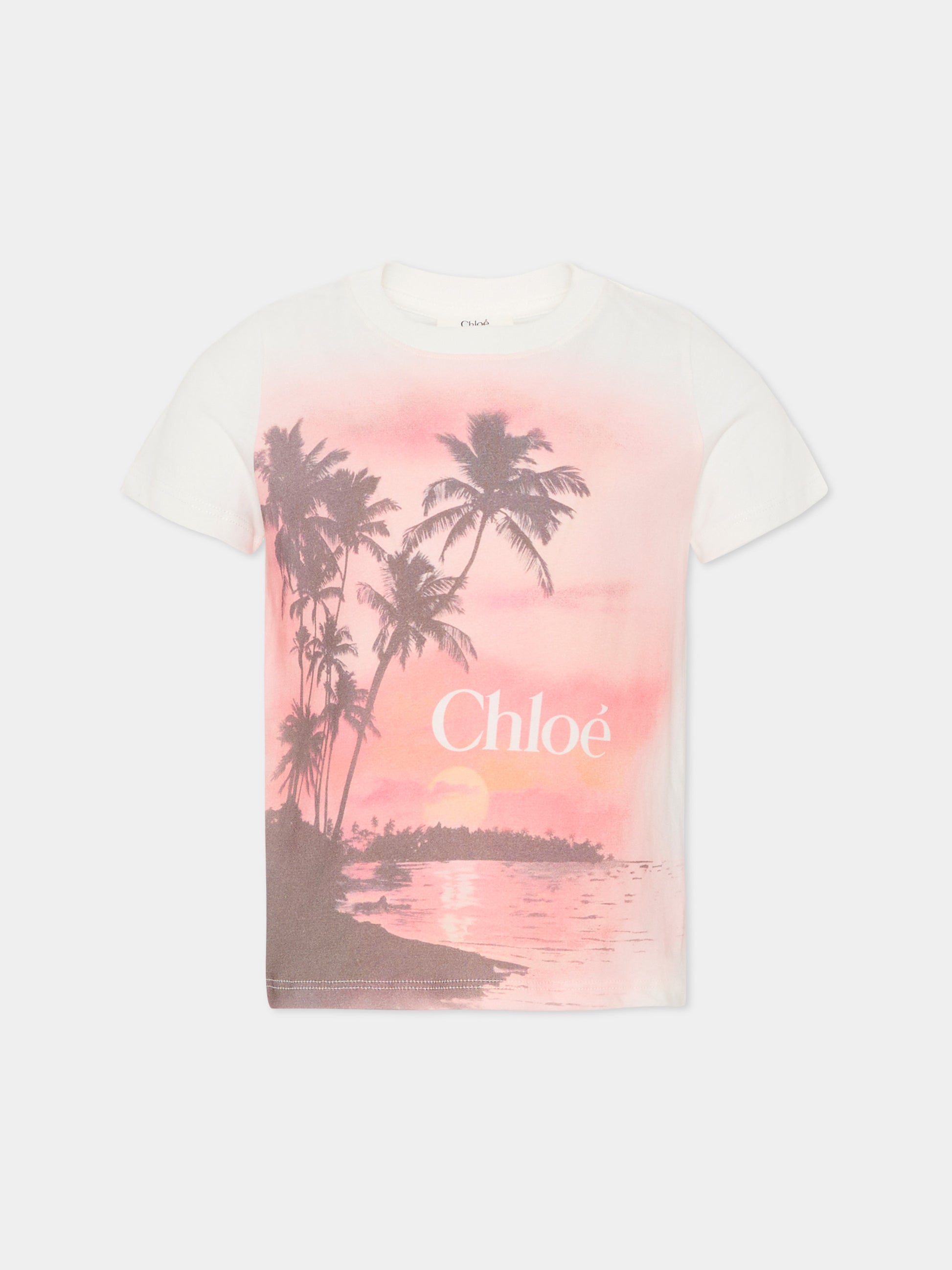 T-shirt avorio per bambina con palme,Chloé Kids,C20855 46J