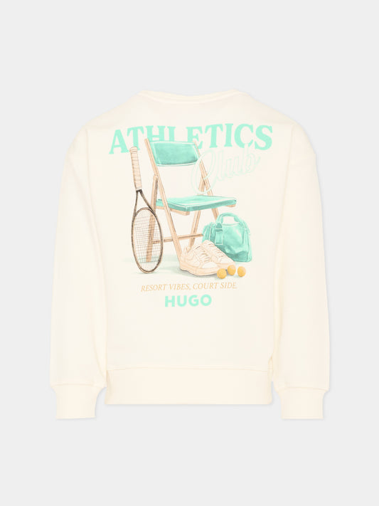 Felpa avorio Hugo per bambino con stampa tennis,Hugo,G01024 153