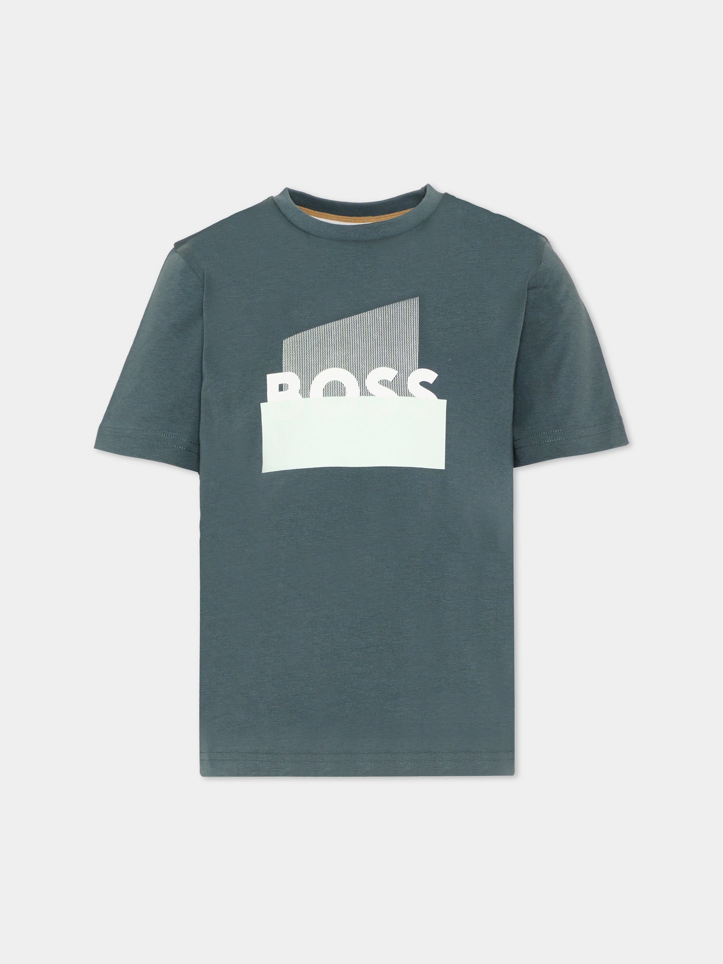 T-Shirt verde per bambino con logo gommato,Boss,J52978 68C