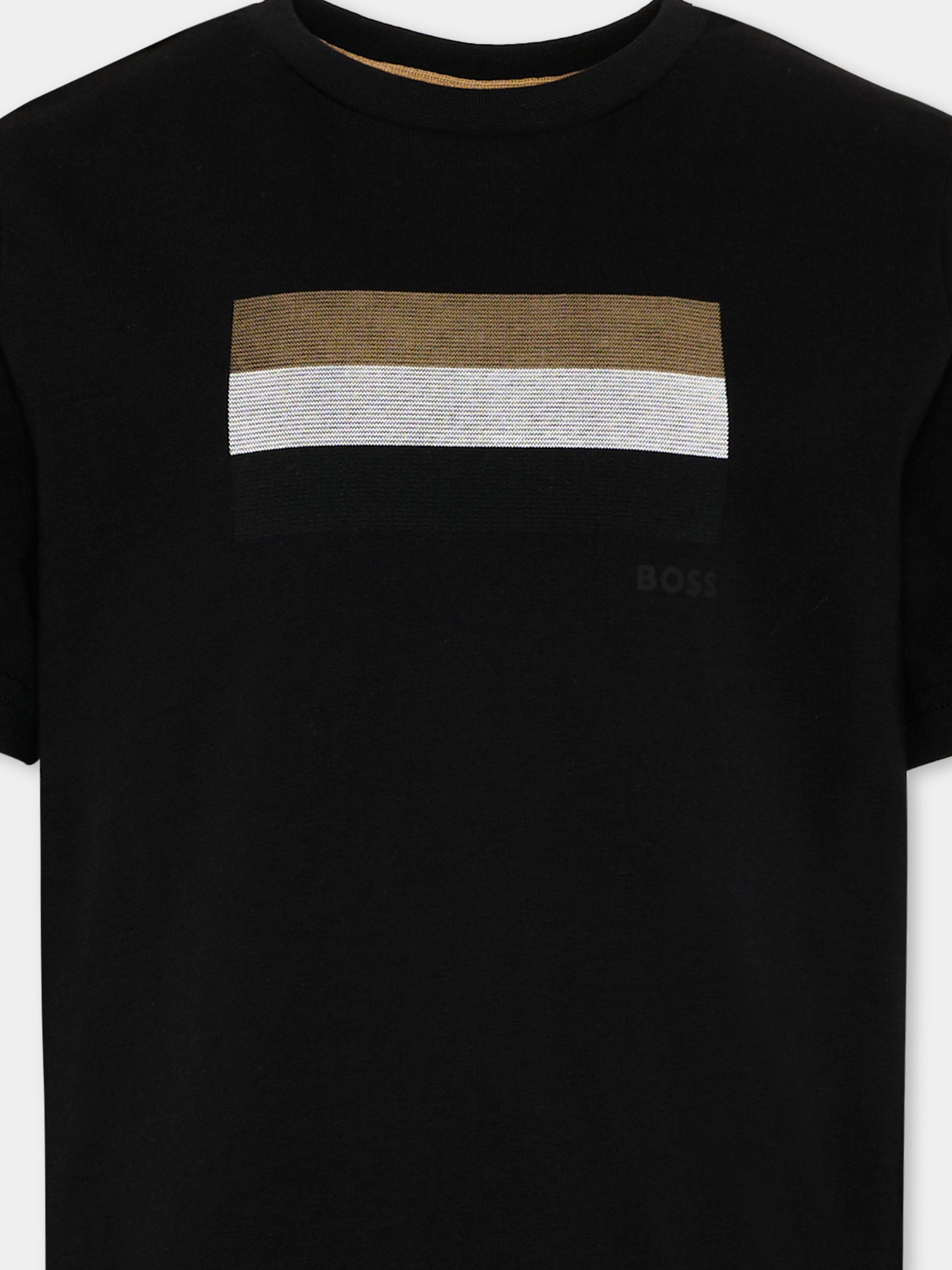 T-Shirt nera per bambino con bande,Boss,J52979 09B