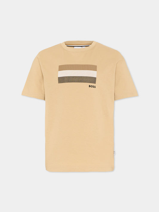 T-Shirt beige per bambino con bande logo,Boss,J52979 249