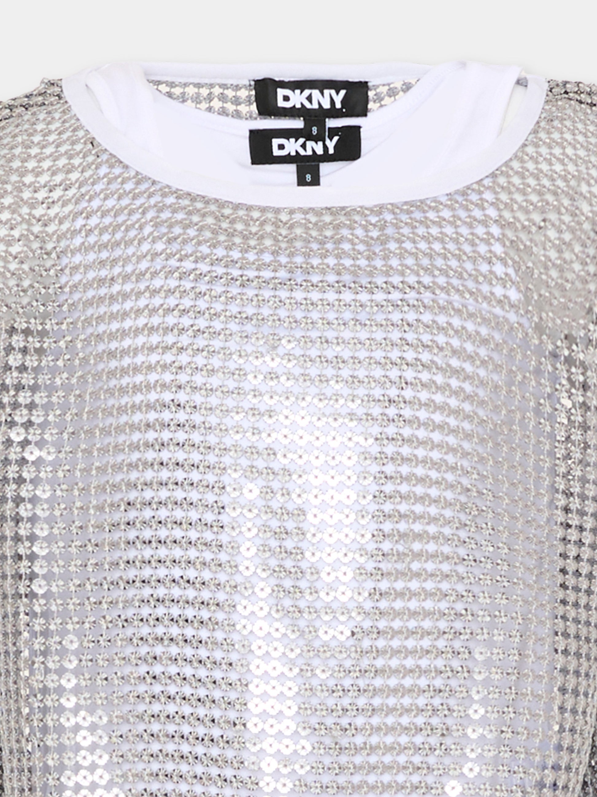 Top argento per bambina traforato con paillettes,Dkny,D62618 016