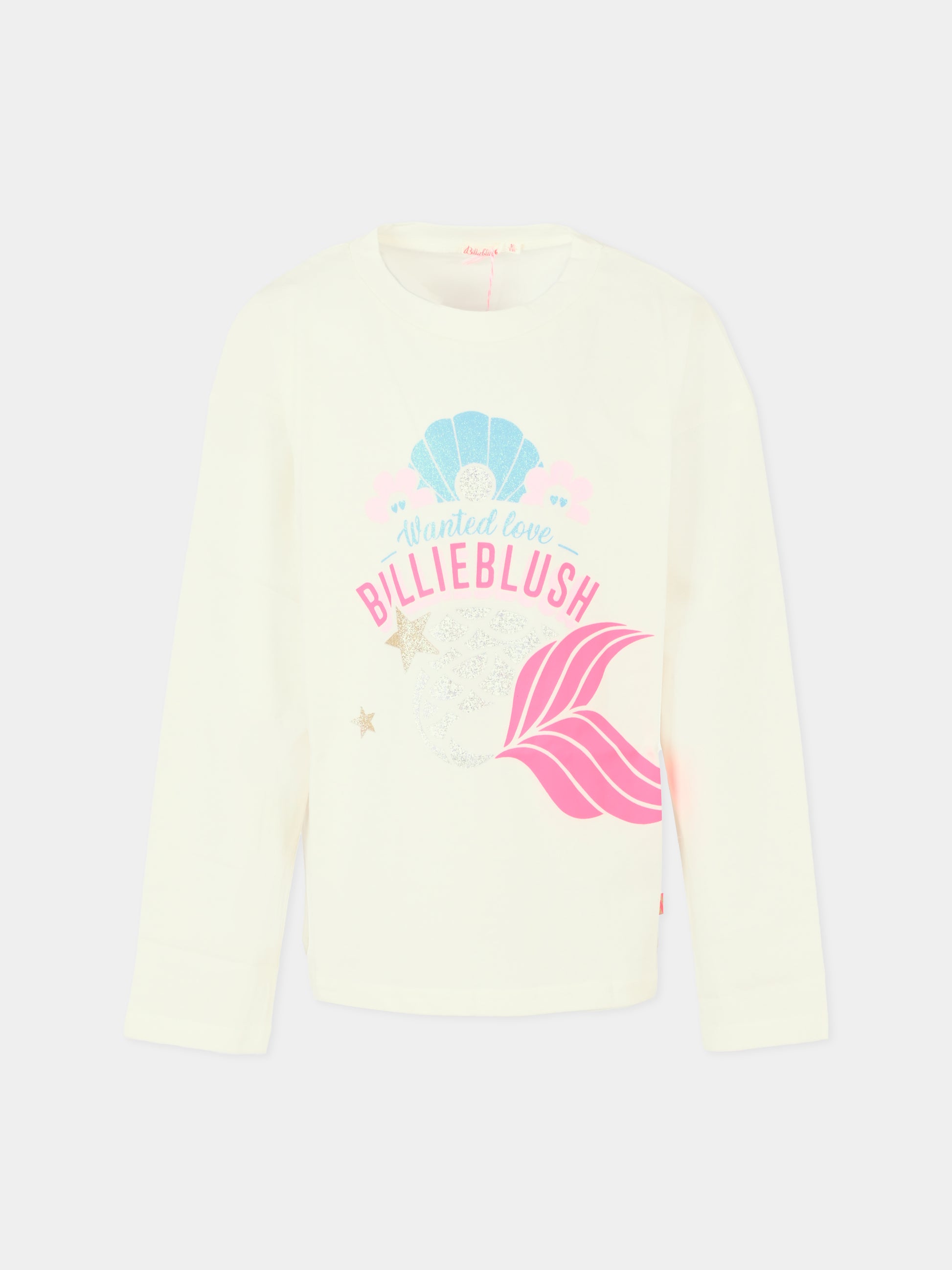 T-shirt avorio per bambina con logo e stelle,Billieblush,U20488 121