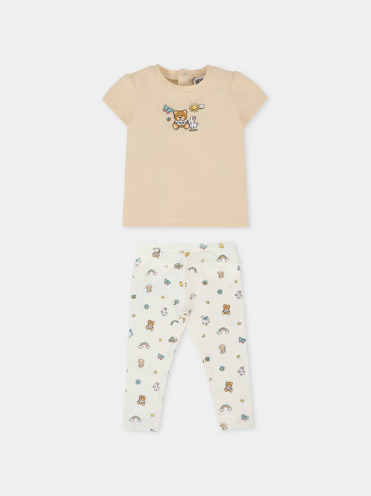 Completo beige per neonata con Teddy Bear e disegni,Moschino Kids,MDG01H LBB5E 20404