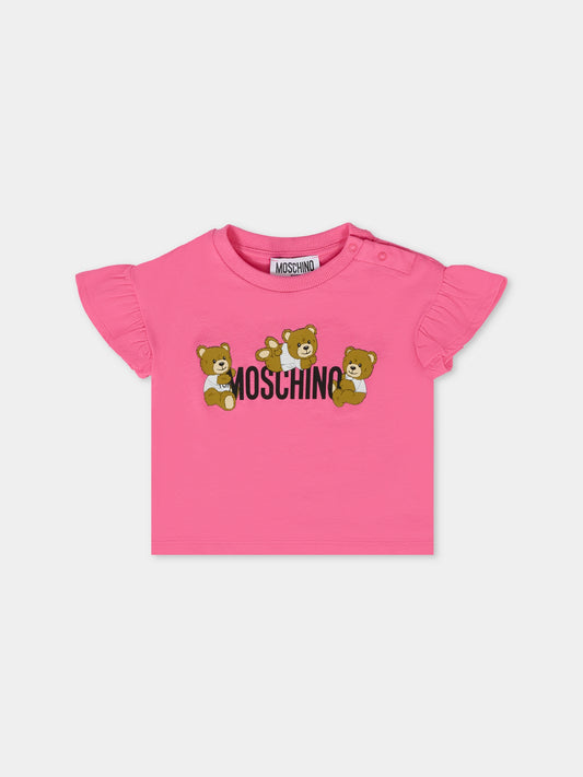 T-shirt fucsia per neonata con tre Teddy Bears,Moschino Kids,MDM03I LAA03 50533