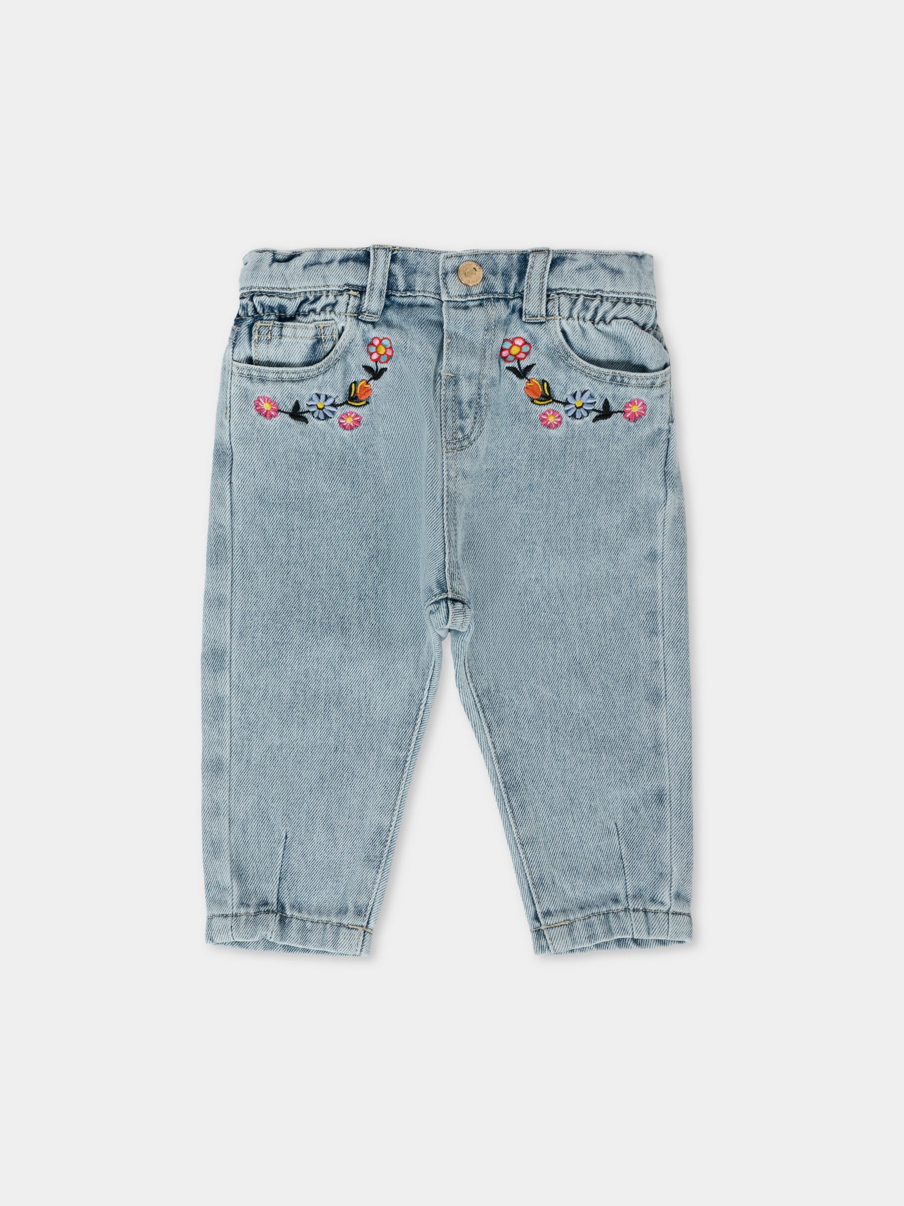 Jeans denim per neonata con fiori ricamati,Moschino Kids,MDP03B L0E34 40213