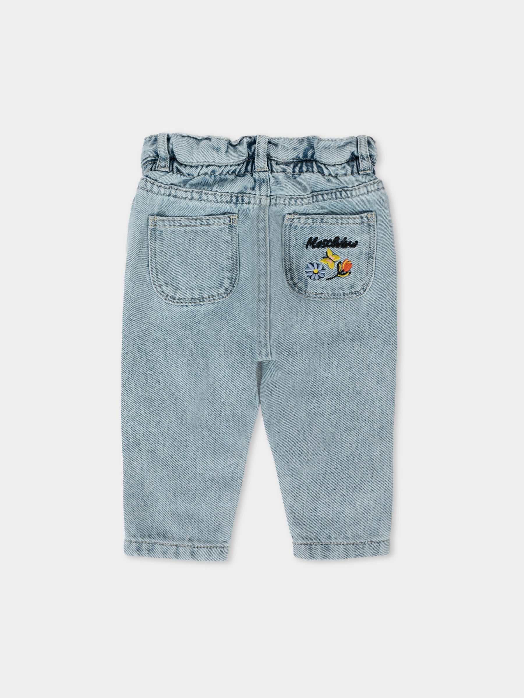 Jeans denim per neonata con fiori ricamati,Moschino Kids,MDP03B L0E34 40213
