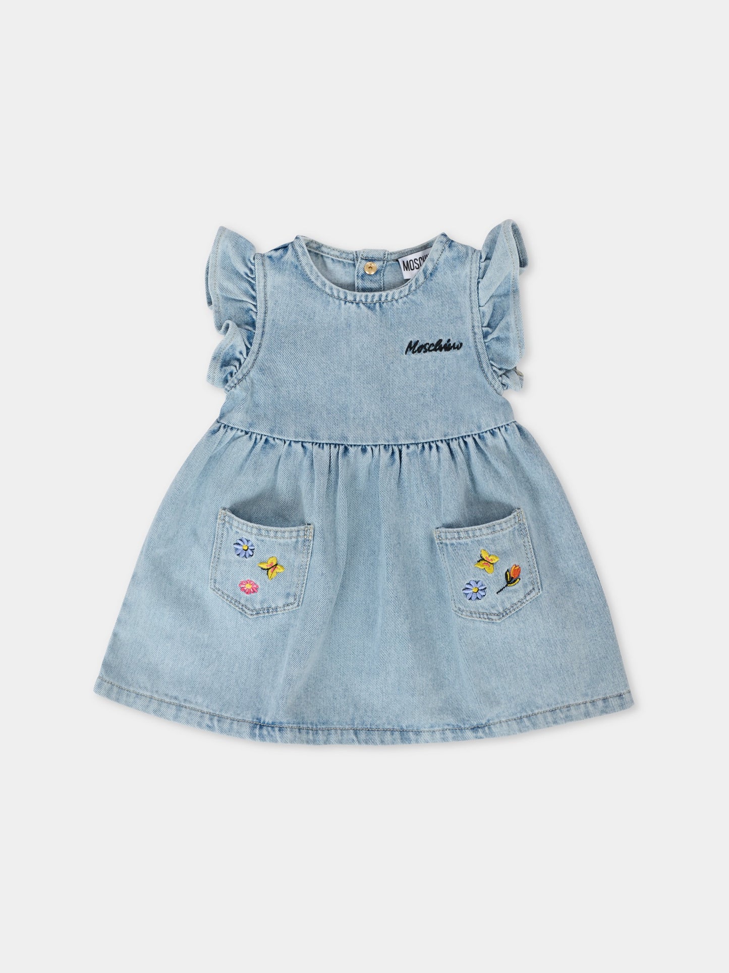 Vestito denim per neonata con fiori ricamati,Moschino Kids,MDV0BV L0E34 40213