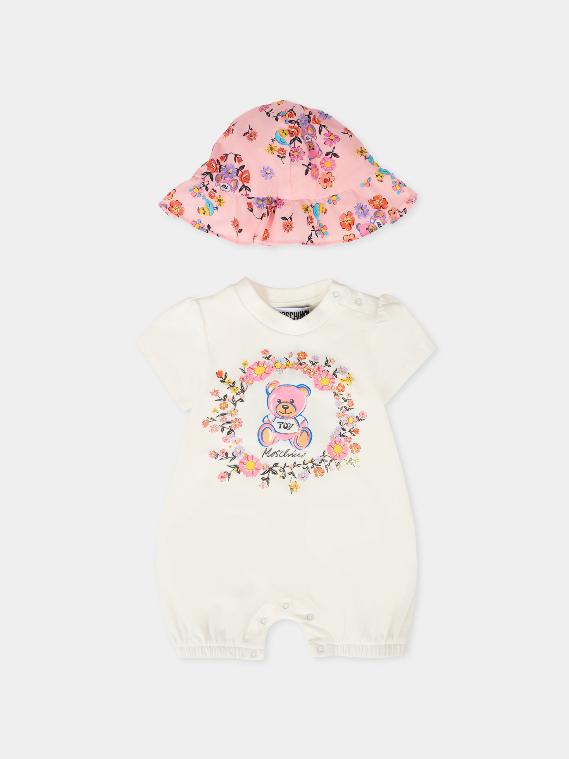 Pagliaccetto avorio per neonata con Teddy Bear e fiori,Moschino Kids,MDY017 LBA00 10063