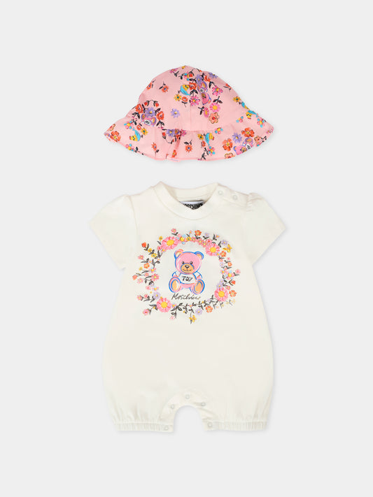 Pagliaccetto avorio per neonata con Teddy Bear e fiori,Moschino Kids,MDY017 LBA00 10063