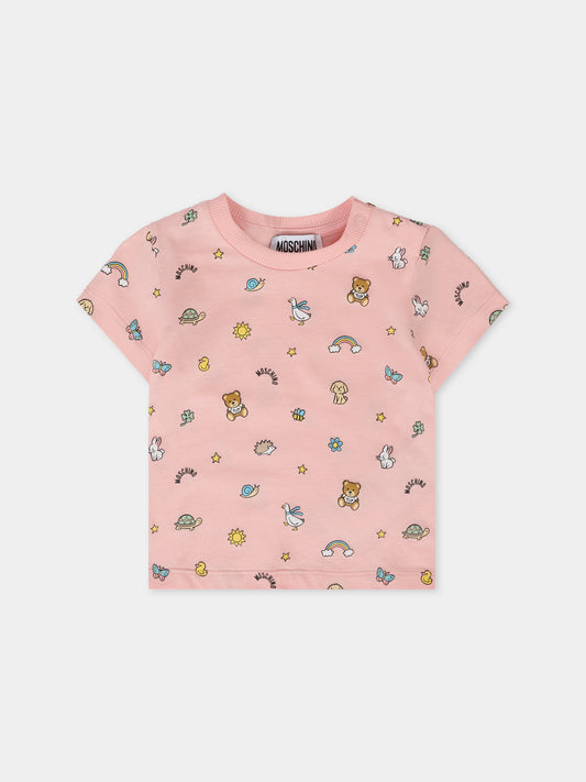 T-shirt rosa per neonata con Teddy Bear e disegni,Moschino Kids,MOM047 LABA6 83650