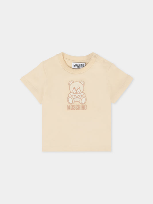 T-shirt beige per neonati con Teddy Bear ricamato,Moschino Kids,MPM047 LAA23 20404