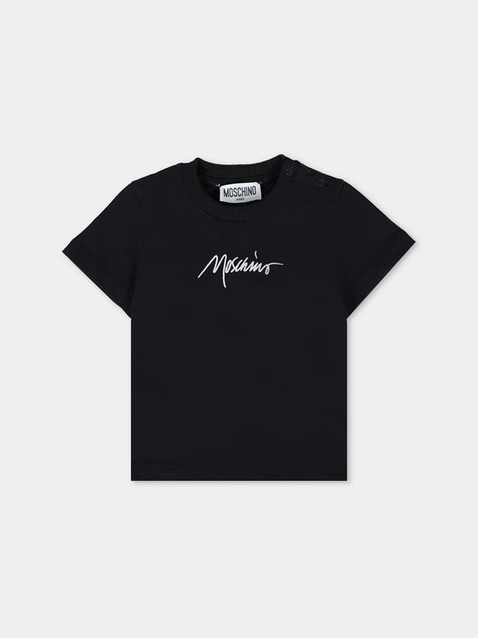 T-shirt nera per neonata con logo ricamato,Moschino Kids,MQM047 LAA01 60100