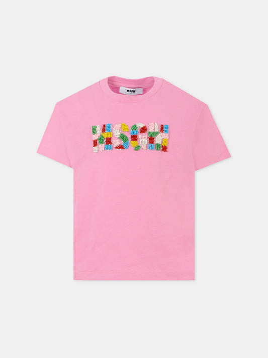 T-shirt rosa per bambina con logo e perline,Msgm Kids,S5MSJGTH251 MS003