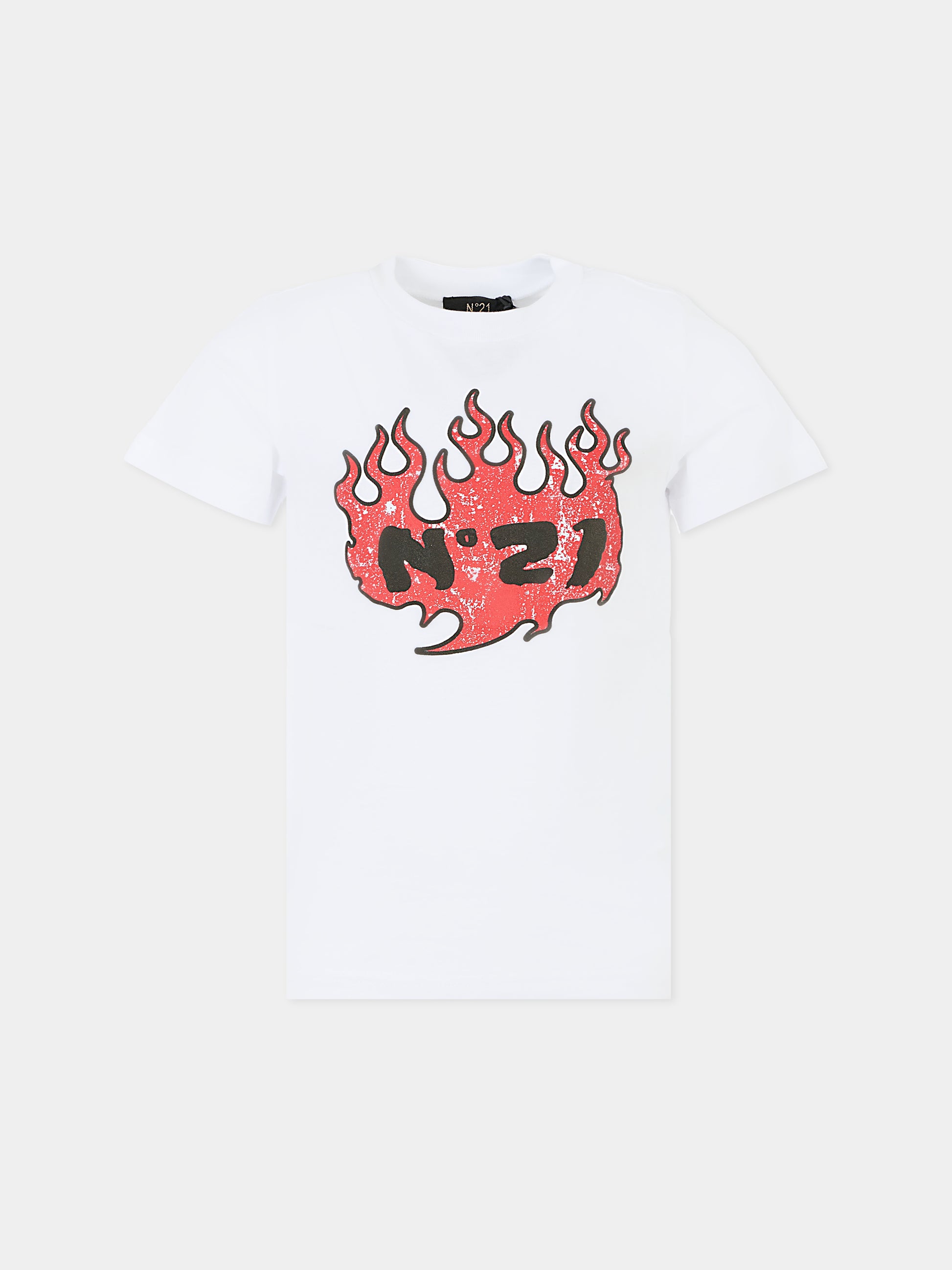 T-shirt bianca per bambino con fiamme,N°21 Kids,N2103M N0080 0N100