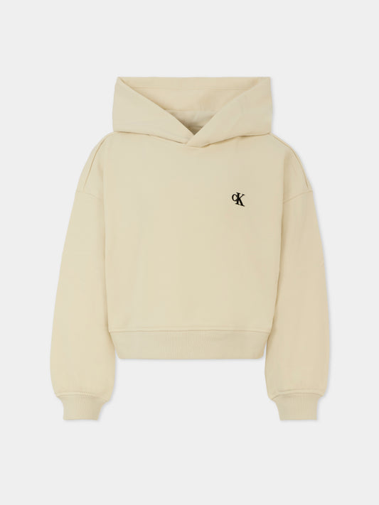 Felpa crop beige per bambina con logo ricamato,Calvin Klein Kids,IG0IG02747 CKS
