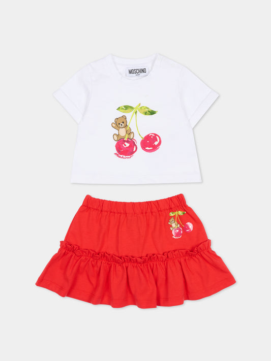 Completo rosso per neonata con Teddy Bear e ciliegie,Moschino Kids,MDG01T LAA02 82298