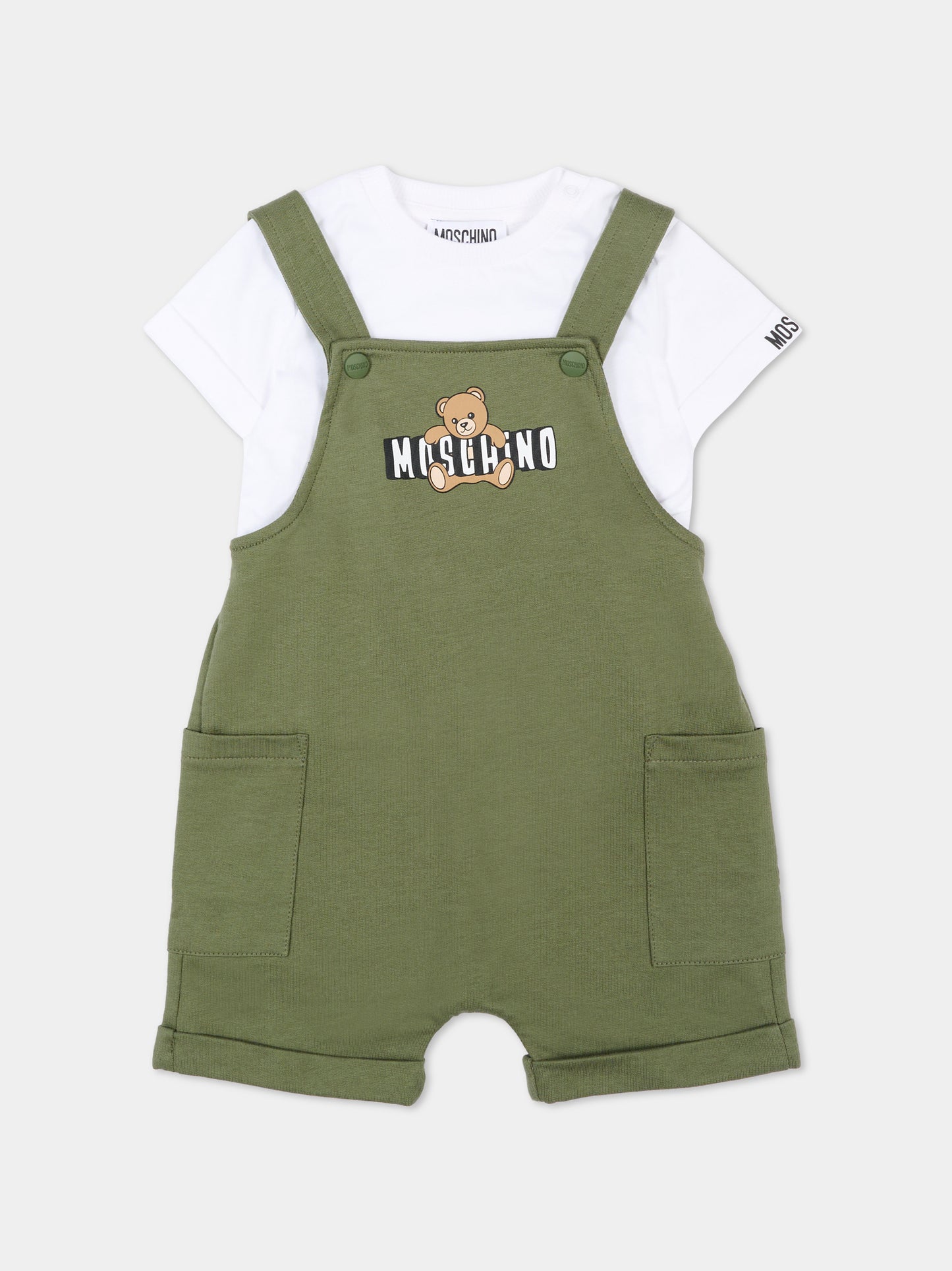 Salopette verde per neonato con Teddy Bear,Moschino Kids,MUG01T LCA19 83698