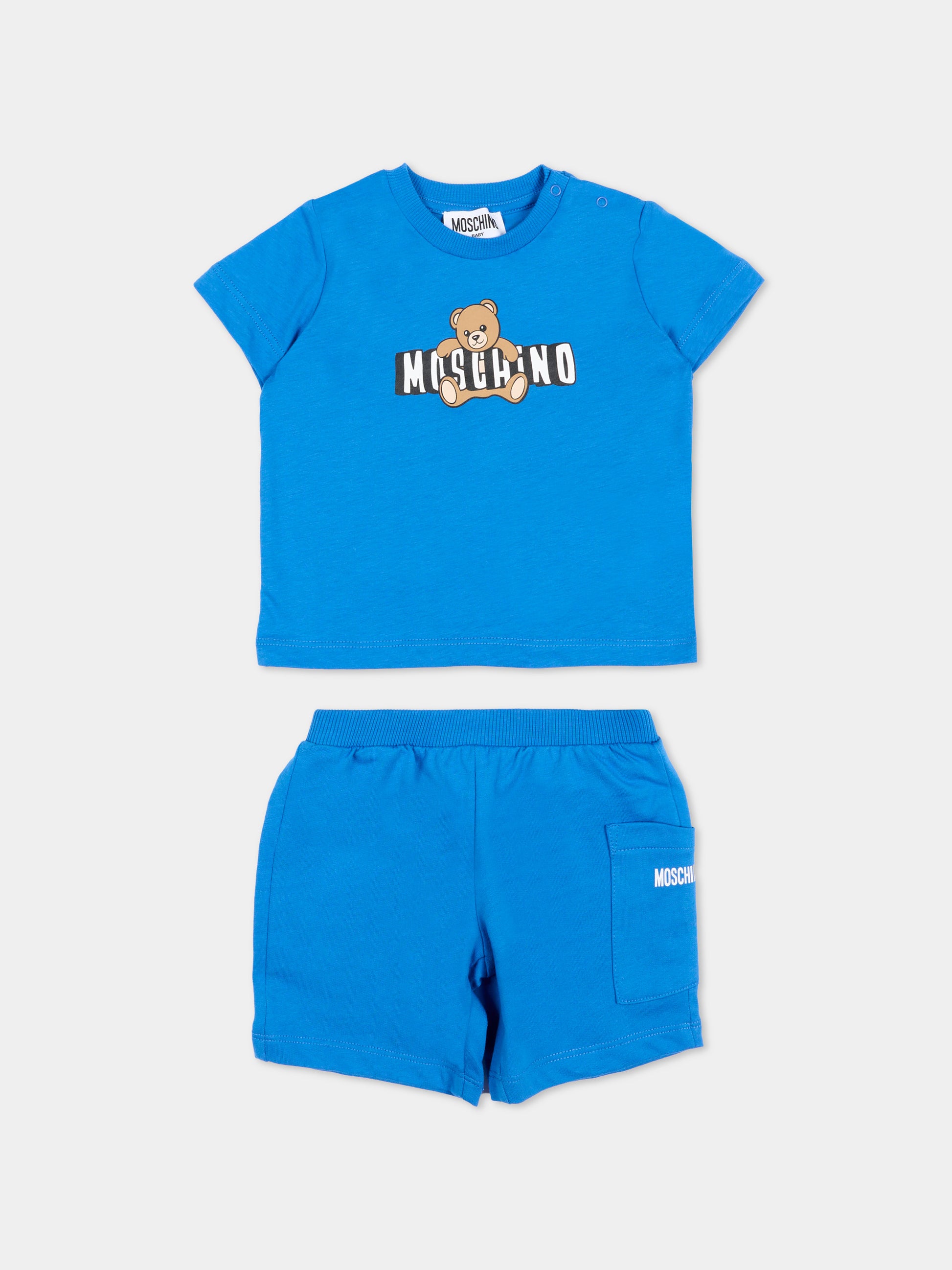 Completo sportivo azzurro per neonati con teddy bear,Moschino Kids,MUG01U LCA19 40630