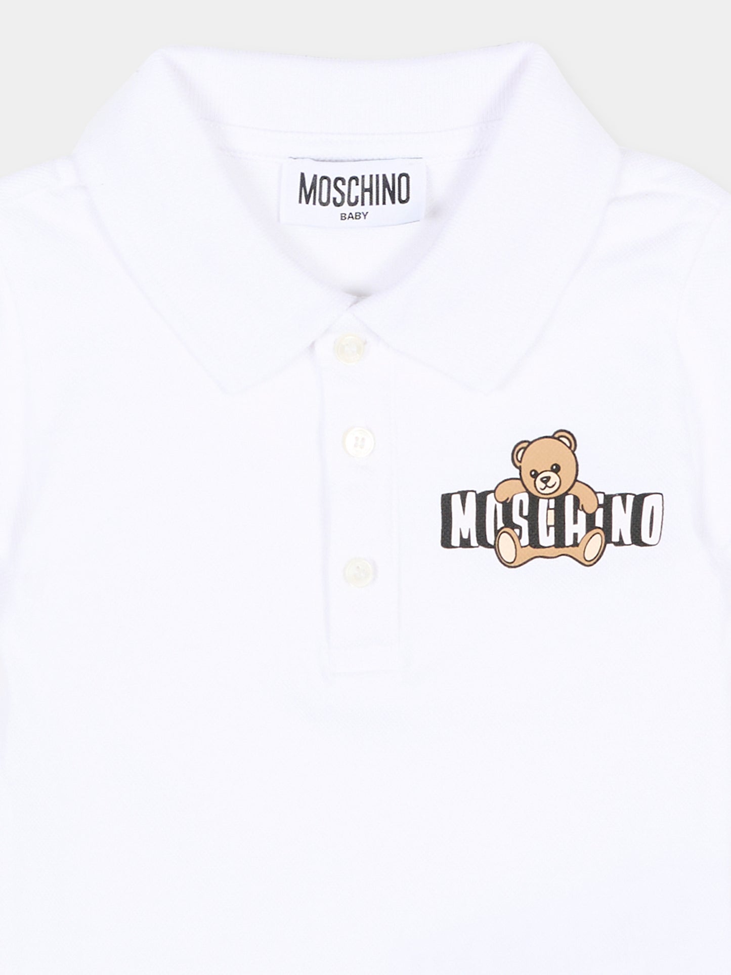 Polo bianca per neonato con logo e Teddy Bear,Moschino Kids,MUM04J LFA09 10101