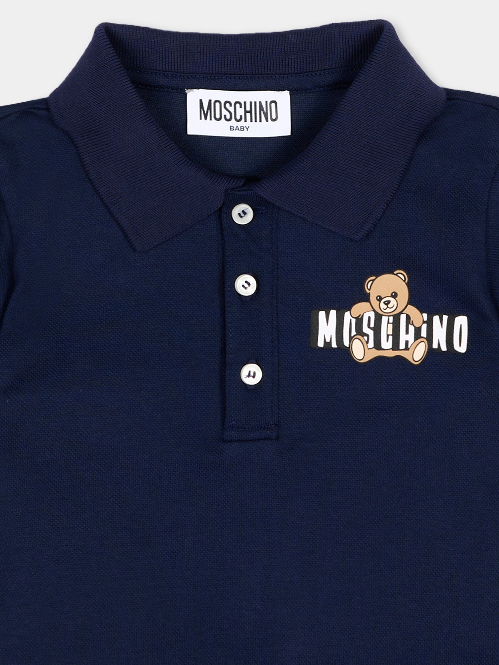 Polo blu per neonato con logo e Teddy Bear,Moschino Kids,MUM04J LFA09 40016