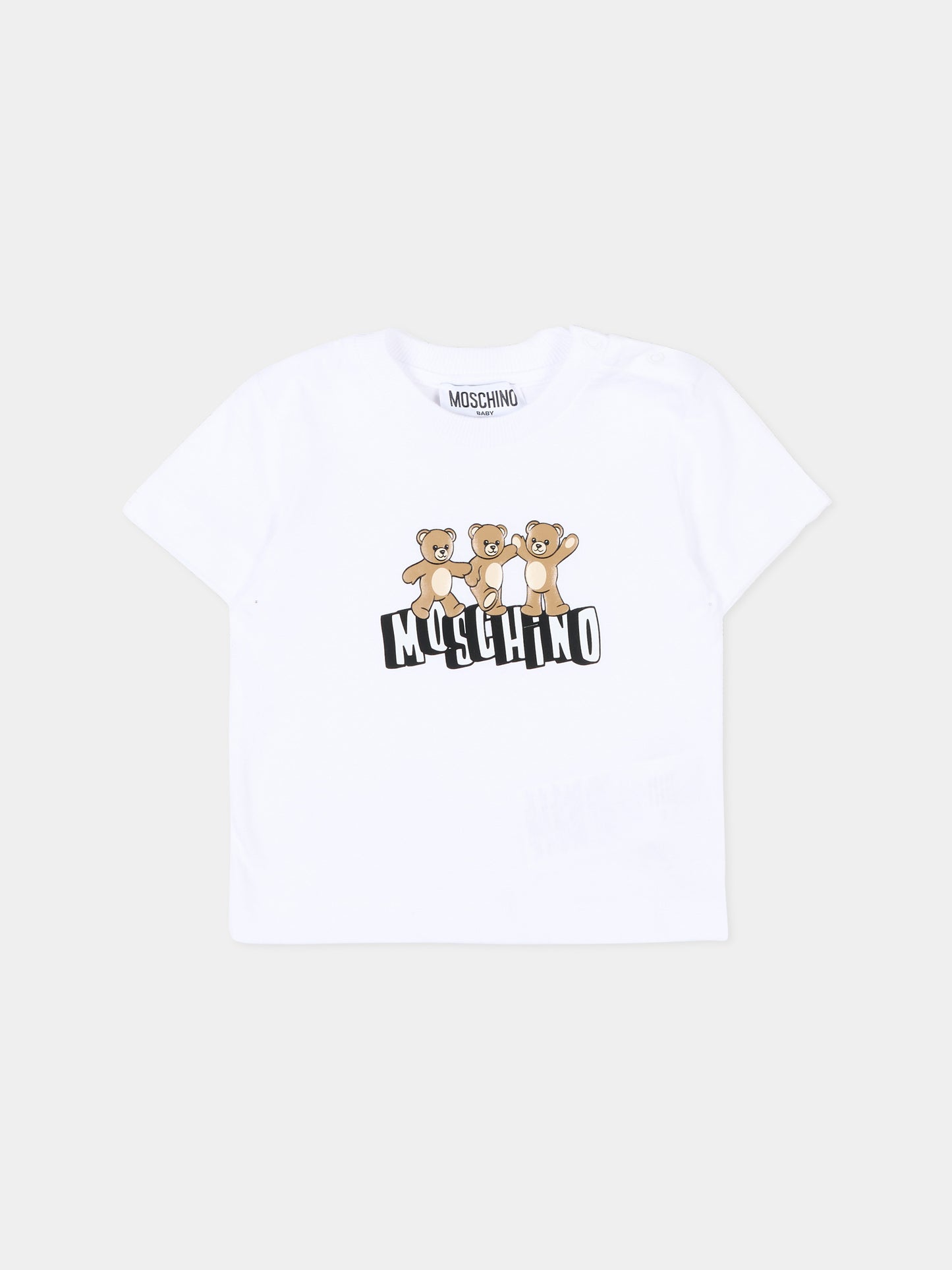 T-Shirt bianca per neonati con logo e Teddy Bear,Moschino Kids,MUM04K LAA17 10101