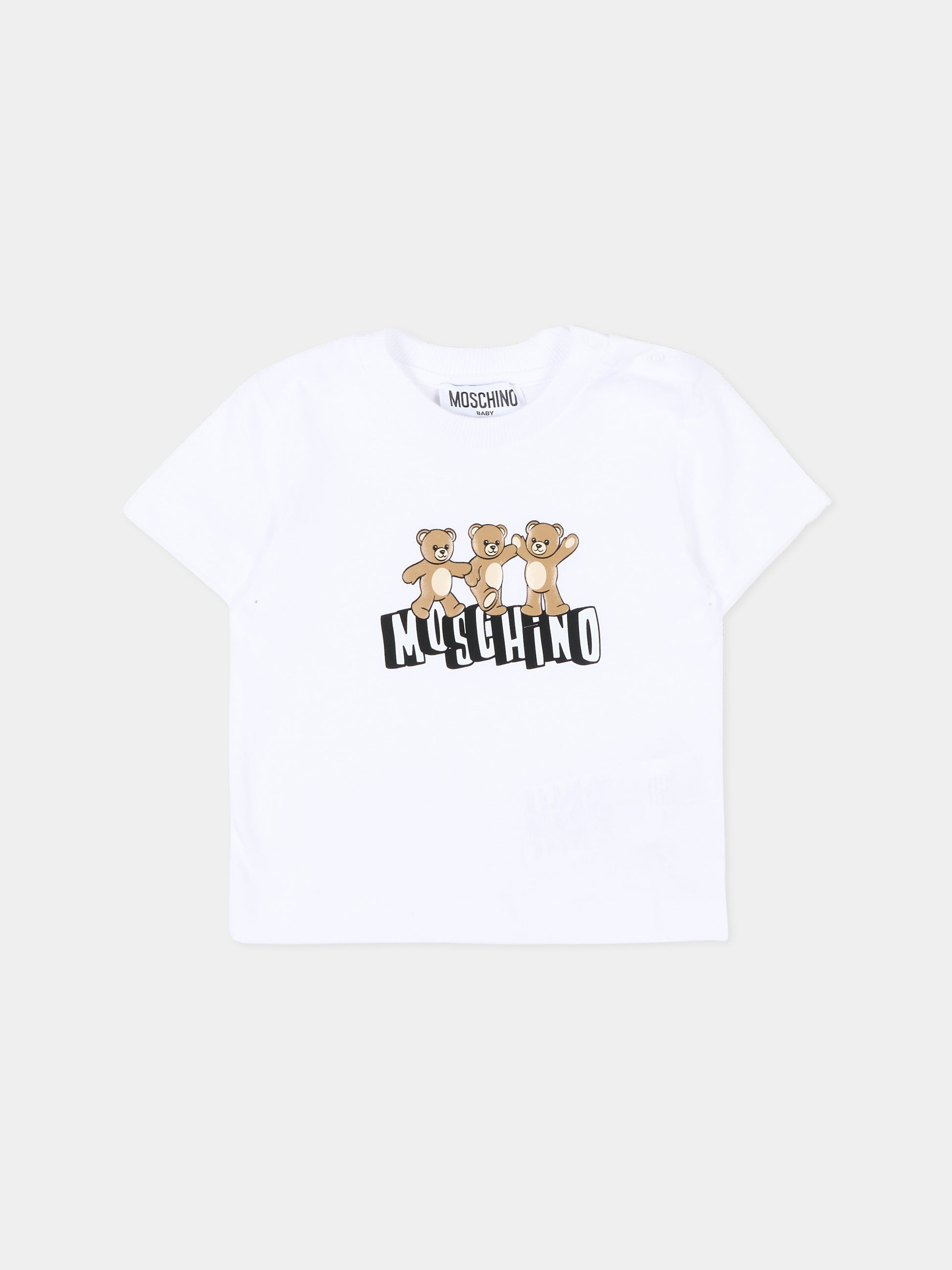 T-Shirt bianca per neonati con logo e Teddy Bear,Moschino Kids,MUM04K LAA17 10101