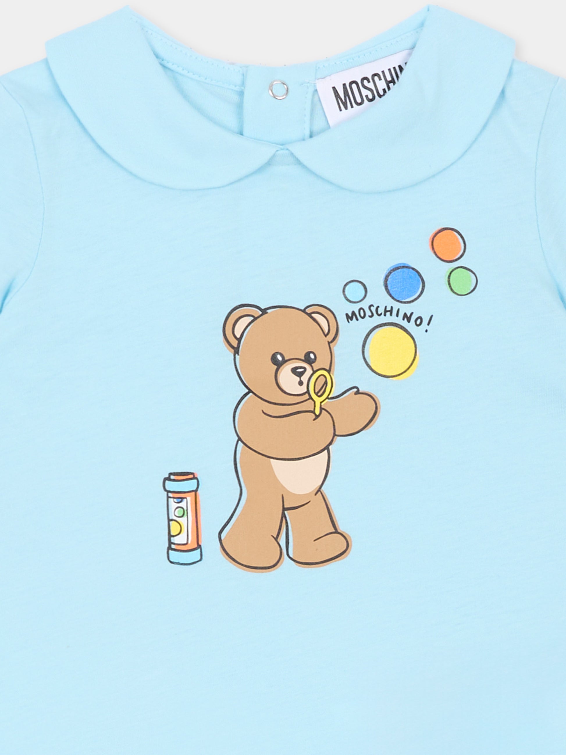 Pagliaccetto celeste per neonato con Teddy Bear e bolle di sapone,Moschino Kids,MUT04M LAA03 40304